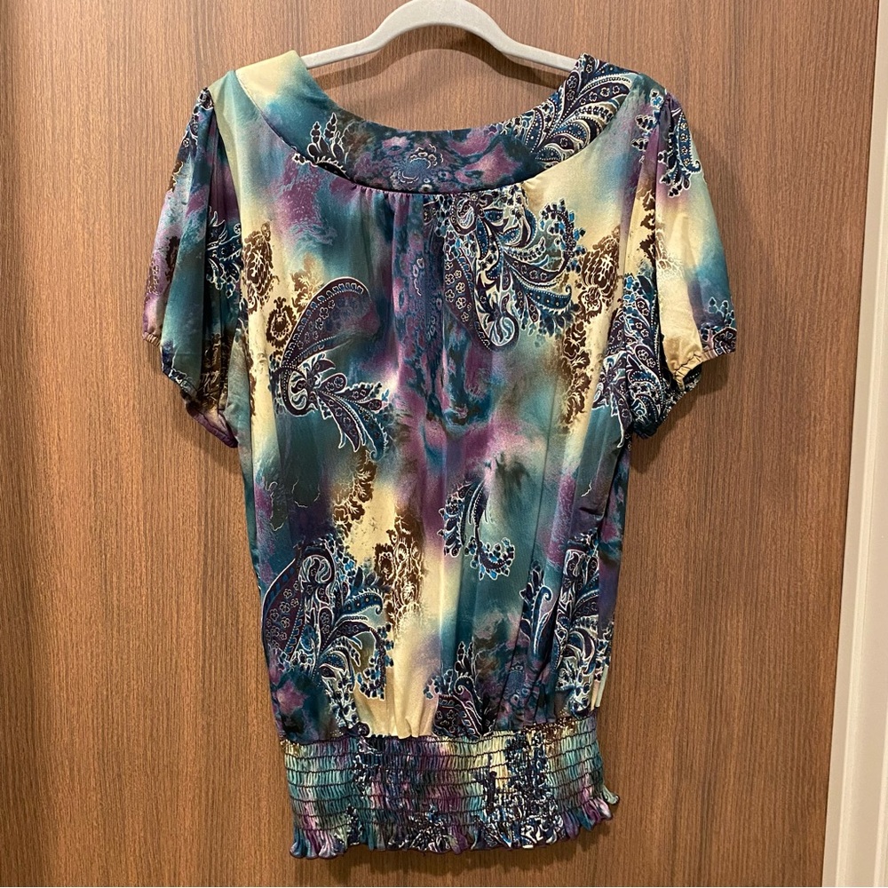 DRESSBARN Y2K Paisley Smocked Blouse Size 1X Beaded Embroidered Mesh Neckline - Picture 8 of 11